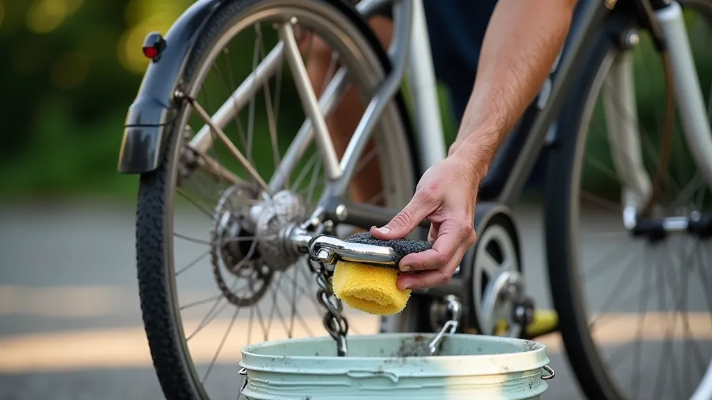 Bicycle frame being cleaned with sponge and water bucket in driveway with maintenance tools laid out