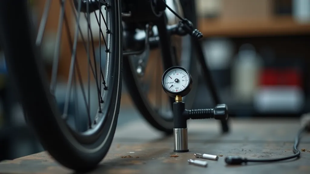 Bicycle tire being inspected with pressure gauge and pump on workbench with maintenance tools nearby