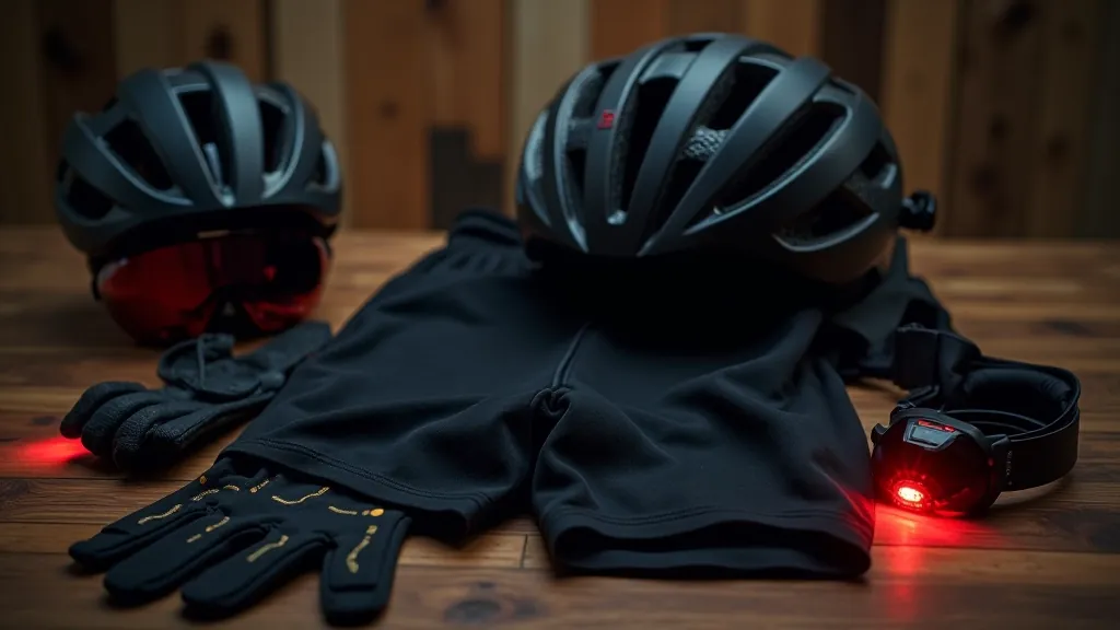 Array of cycling safety equipment: helmet, padded shorts, gloves, and lights arranged on white table