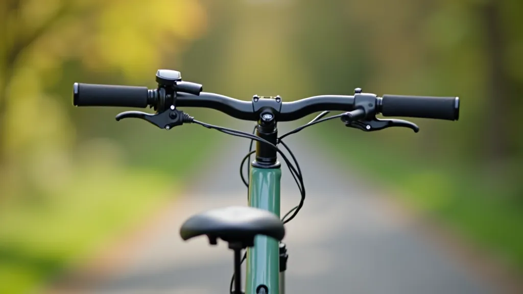 Close-up of hybrid bicycle frame showing comfortable upright handlebars and wide saddle, outdoor lighting