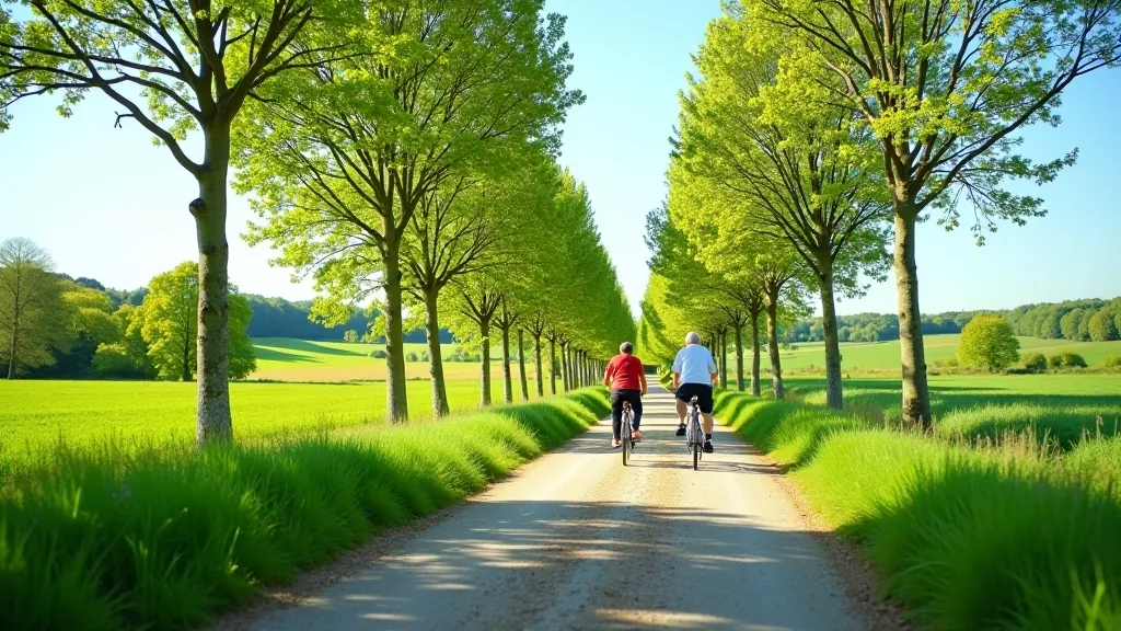 Scenic flat cycling path with green fields and trees along route