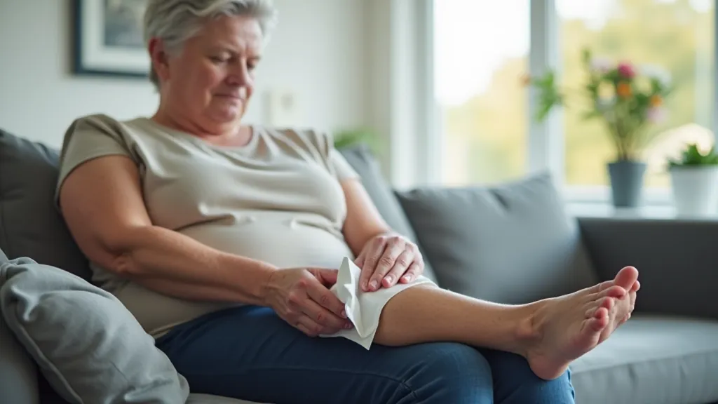 Senior person applying ice pack to knee while seated on couch, elevation pillow under leg, clinical but comfortable home setting