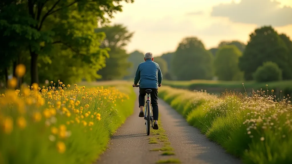 Peaceful countryside cycling route along river valley with wildflowers on both sides and distant hills