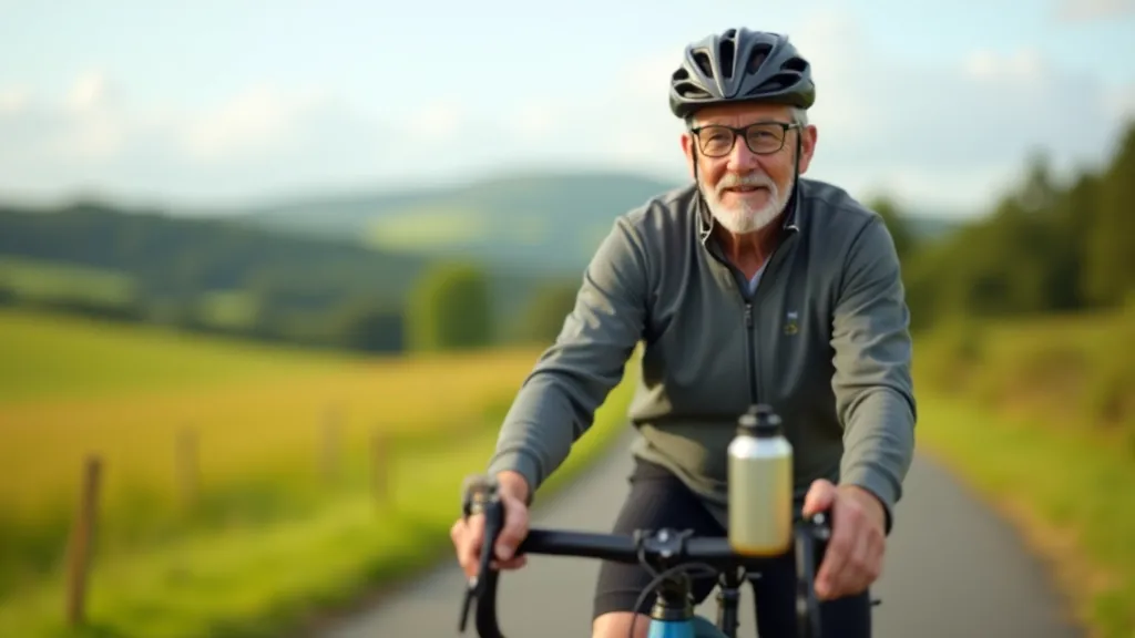 Senior cyclist on bike path checking water bottle with scenic valley landscape behind