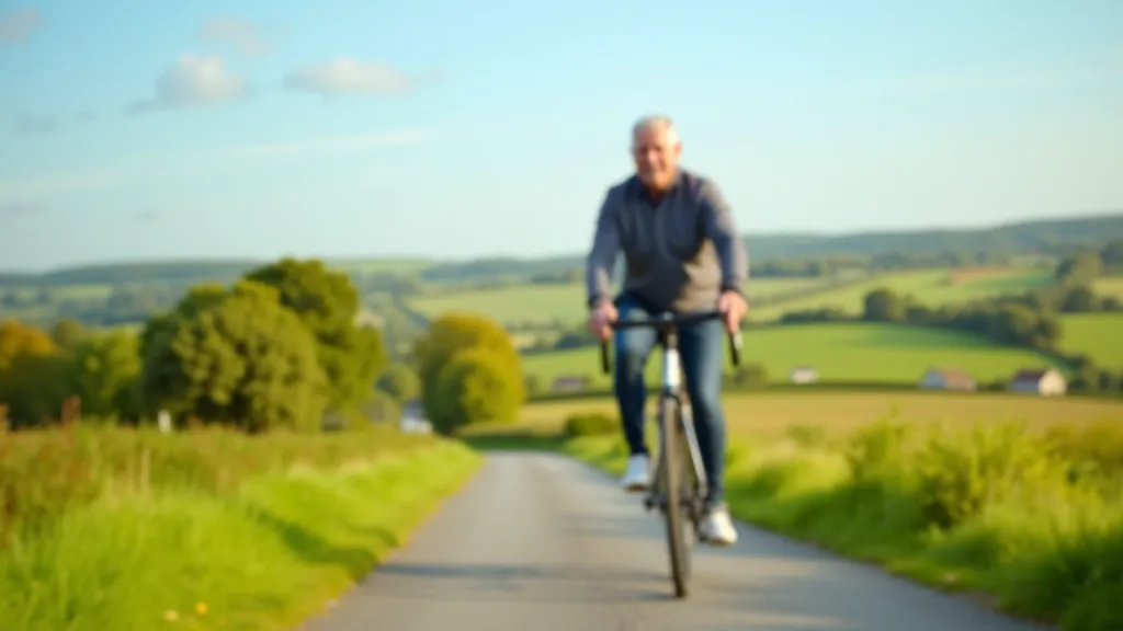 Senior cyclist riding on flat paved path through green countryside, morning light, peaceful expression