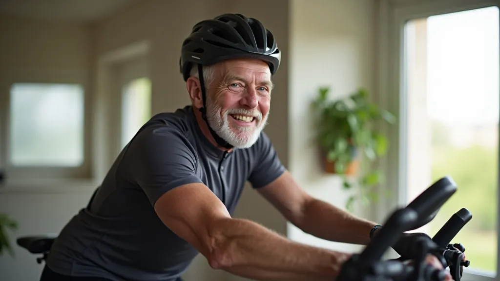Senior man in blue cycling jacket and helmet standing with bicycle outdoors