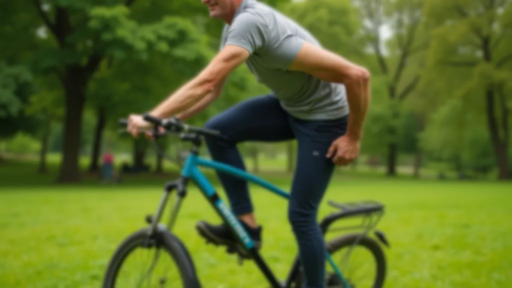 Senior man performing leg stretches while standing on grass beside bicycle outdoors, clear blue sky background