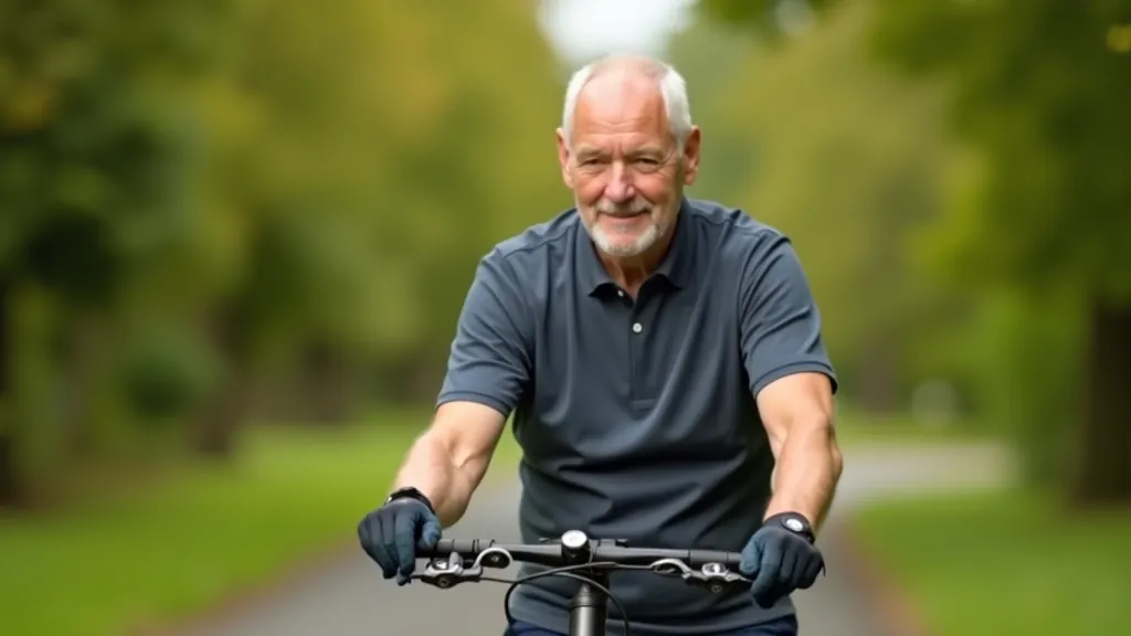 Senior cyclist in bright yellow helmet performing brake check on bicycle frame in outdoor setting with grass and trees
