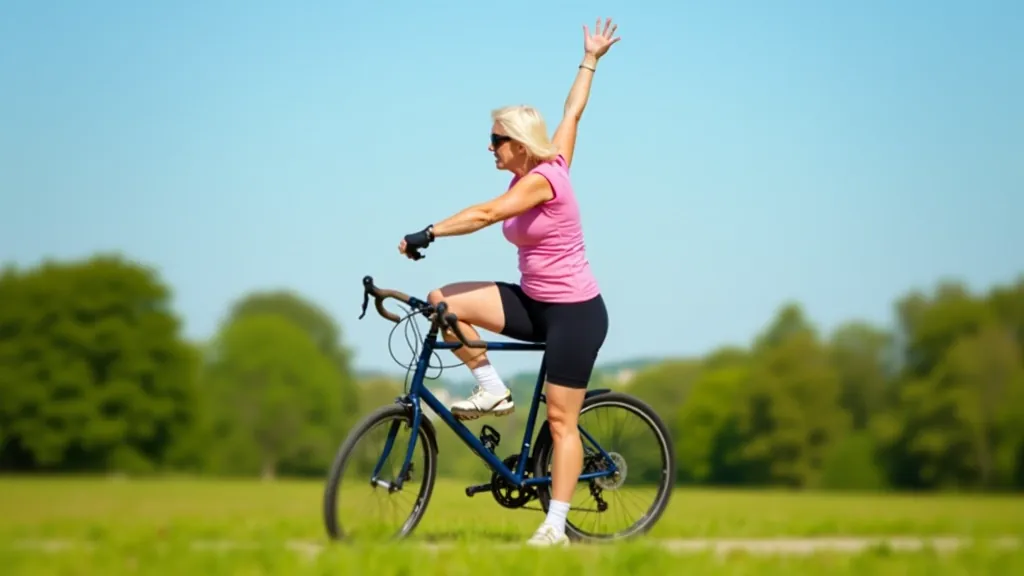 Senior woman in purple jacket and cycling helmet smiling outdoors with bicycle