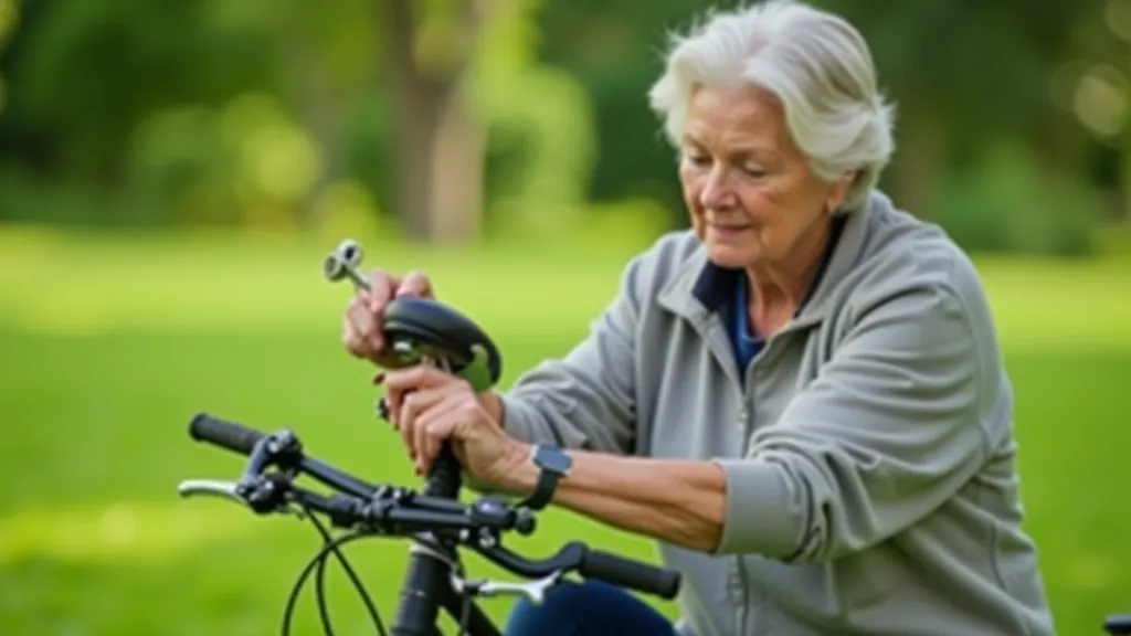 Bicycle seat being adjusted with Allen wrench while cyclist sits on bike frame checking knee bend angle